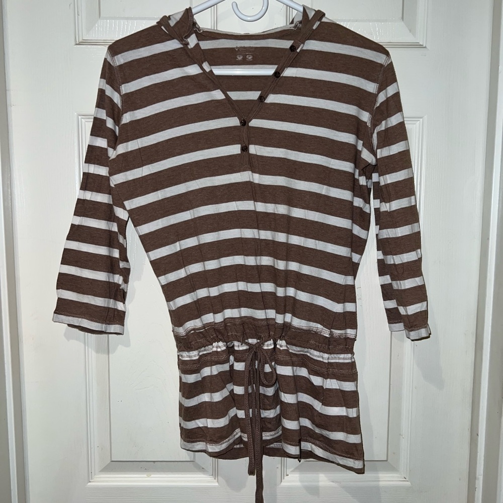 Columbia pullover hooded 3/4 sleeve strip top with drawstring waist Y2K sz Small